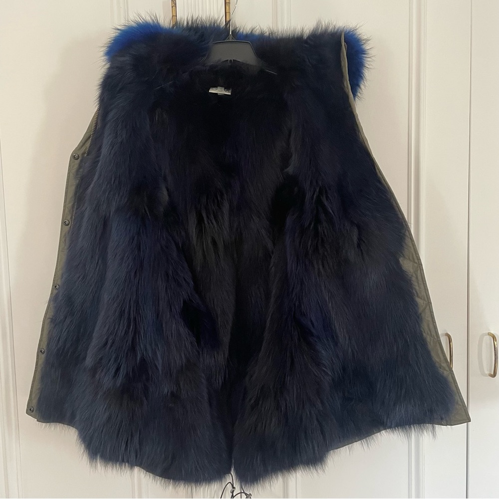 SAM Lux Limelight Hooded Parka Fur convertible to vest, Army green and blue - Picture 5 of 8